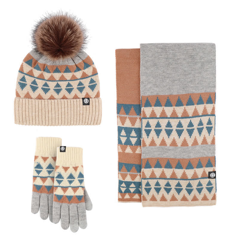 Ensemble de 3 pièces unisexes à motif triangulaire avec bonnet, écharpe et gants tricotés en fourrure