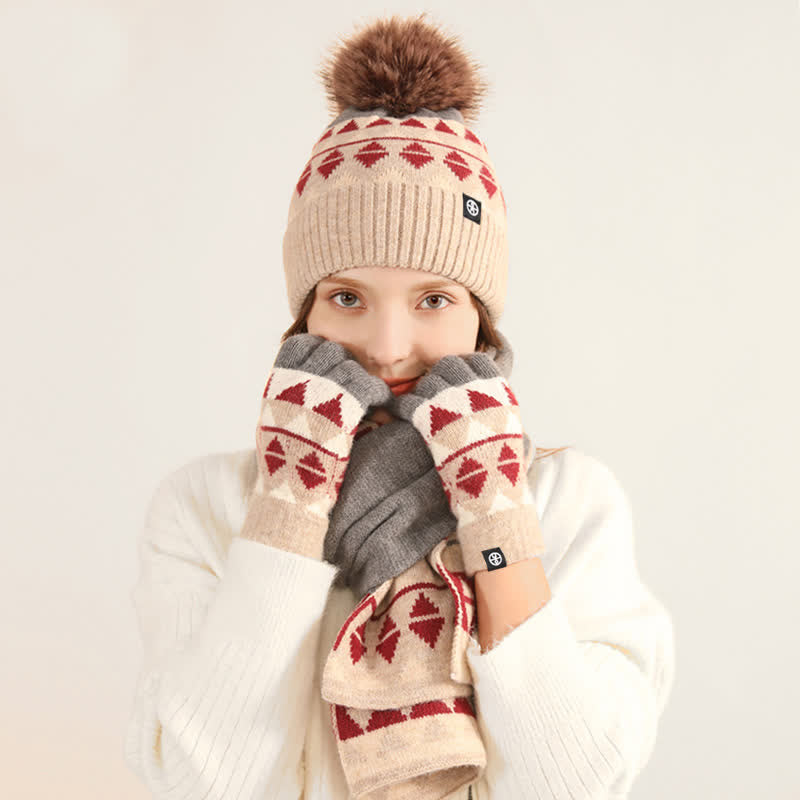 Ensemble de 3 pièces unisexes à motif triangulaire avec bonnet, écharpe et gants tricotés en fourrure