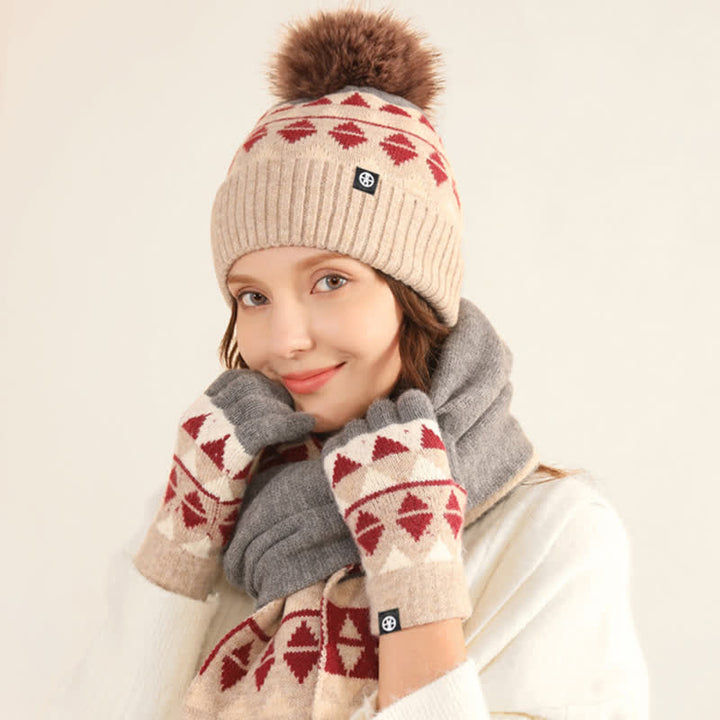 Ensemble de 3 pièces unisexes à motif triangulaire avec bonnet, écharpe et gants tricotés en fourrure