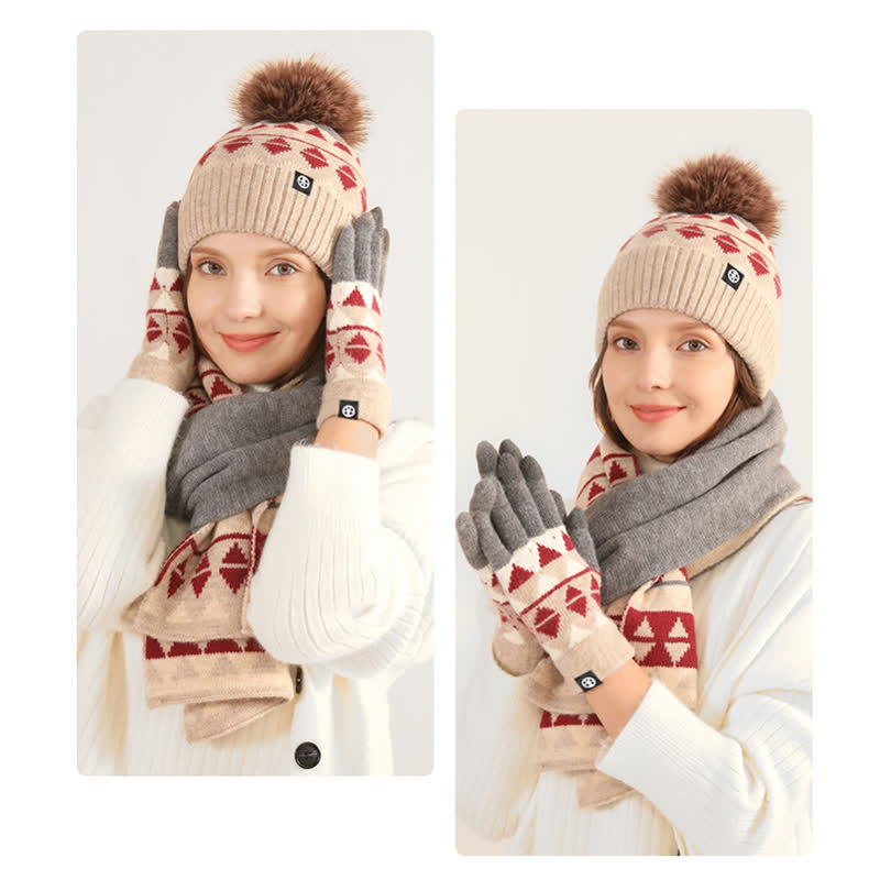 Ensemble de 3 pièces unisexes à motif triangulaire avec bonnet, écharpe et gants tricotés en fourrure