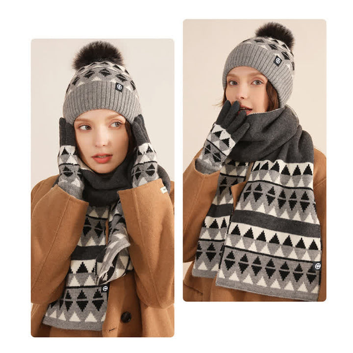 Ensemble de 3 pièces unisexes à motif triangulaire avec bonnet, écharpe et gants tricotés en fourrure