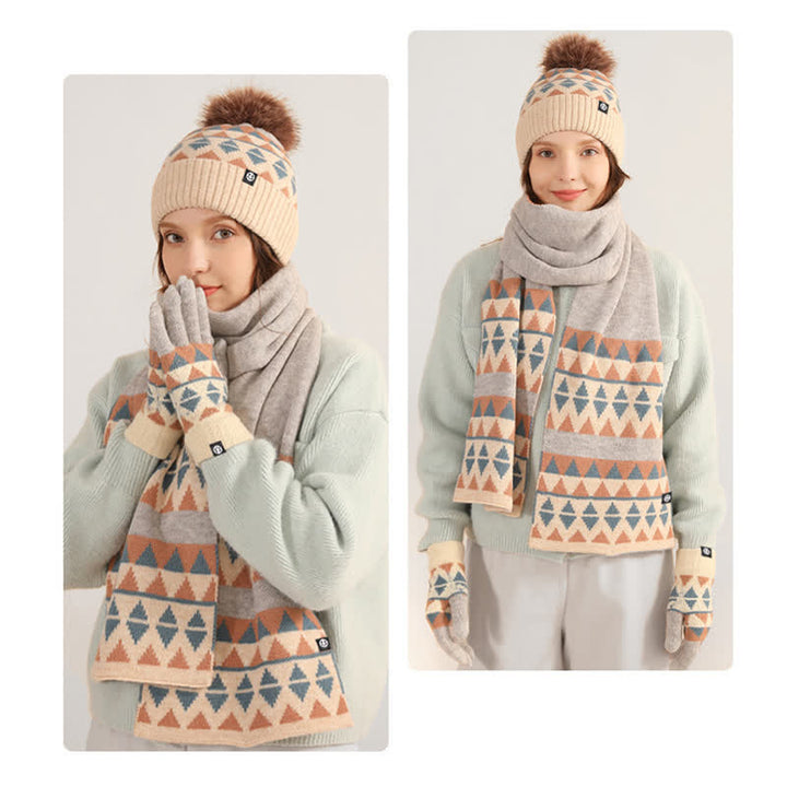 Ensemble de 3 pièces unisexes à motif triangulaire avec bonnet, écharpe et gants tricotés en fourrure