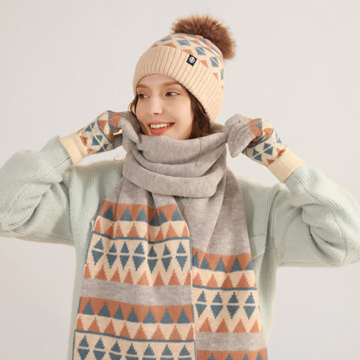 Ensemble de 3 pièces unisexes à motif triangulaire avec bonnet, écharpe et gants tricotés en fourrure