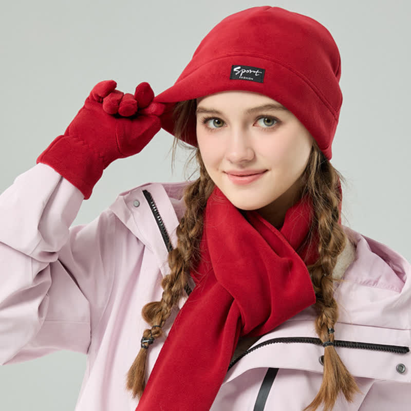 Ensemble de 3 pièces unisexe en polaire de couleur unie avec bonnet, écharpe et gants