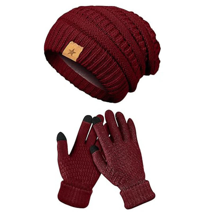 Lot de 2 bonnets, écharpes et gants tricotés unisexes simples de couleur unie