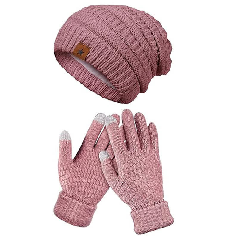 Lot de 2 bonnets, écharpes et gants tricotés unisexes simples de couleur unie