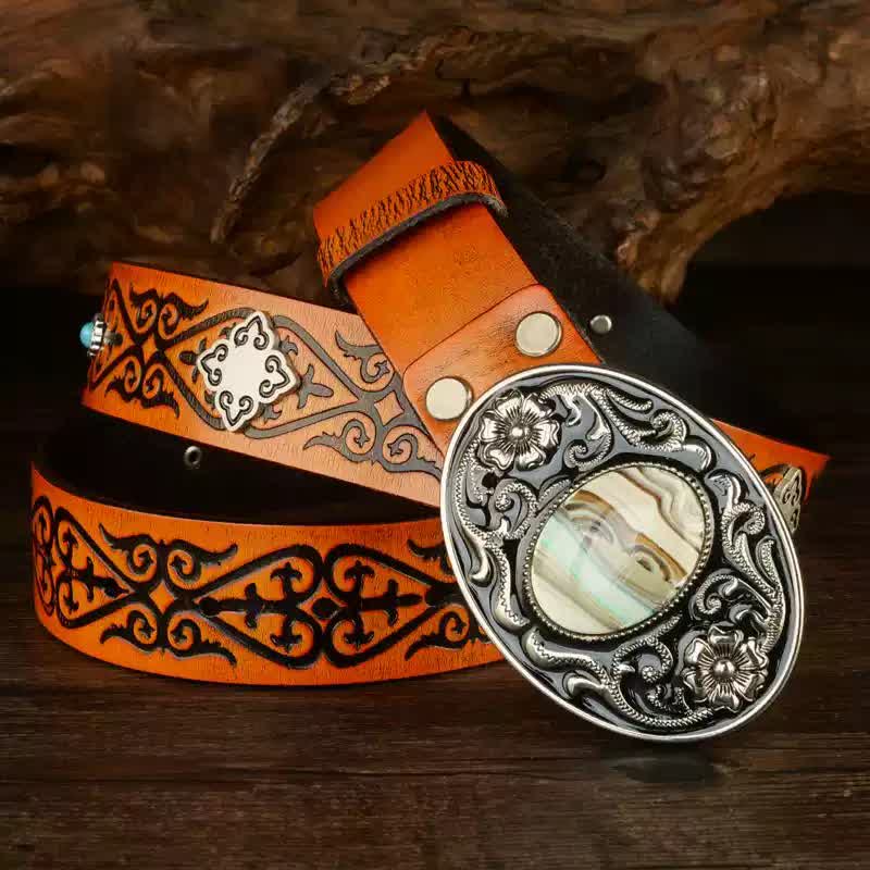 Ceinture en cuir à motif gaufré orange à look ethnique