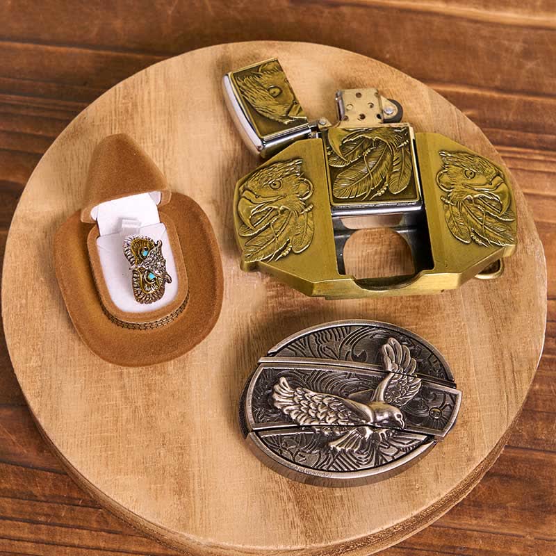 Ensemble de boucles de ceinture et de bagues à briquet à faire soi-même avec couteau caché sur le thème de l'aigle