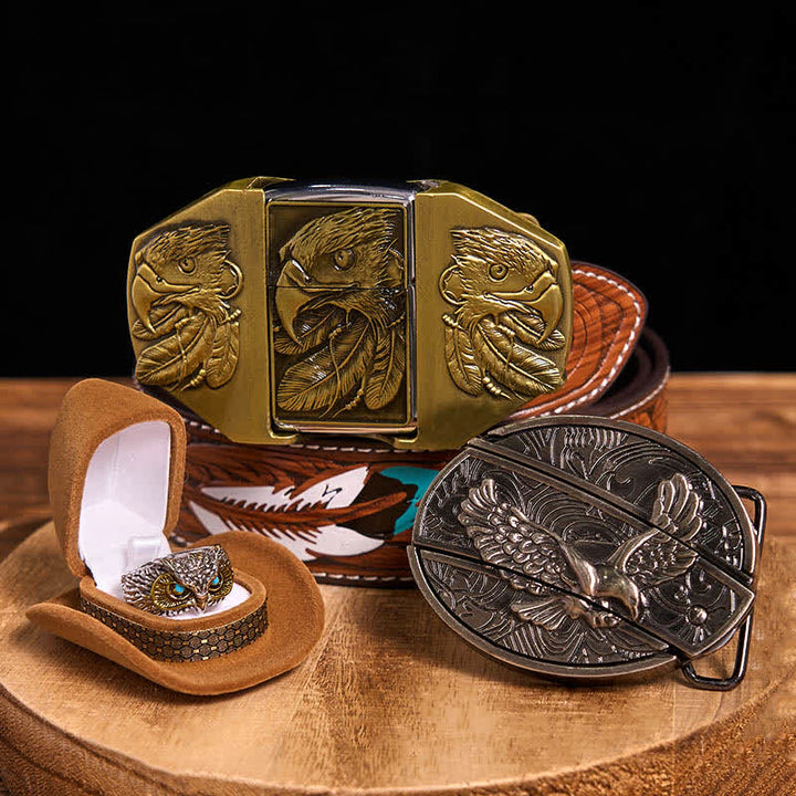Ensemble de boucles de ceinture et de bagues à briquet à faire soi-même avec couteau caché sur le thème de l'aigle