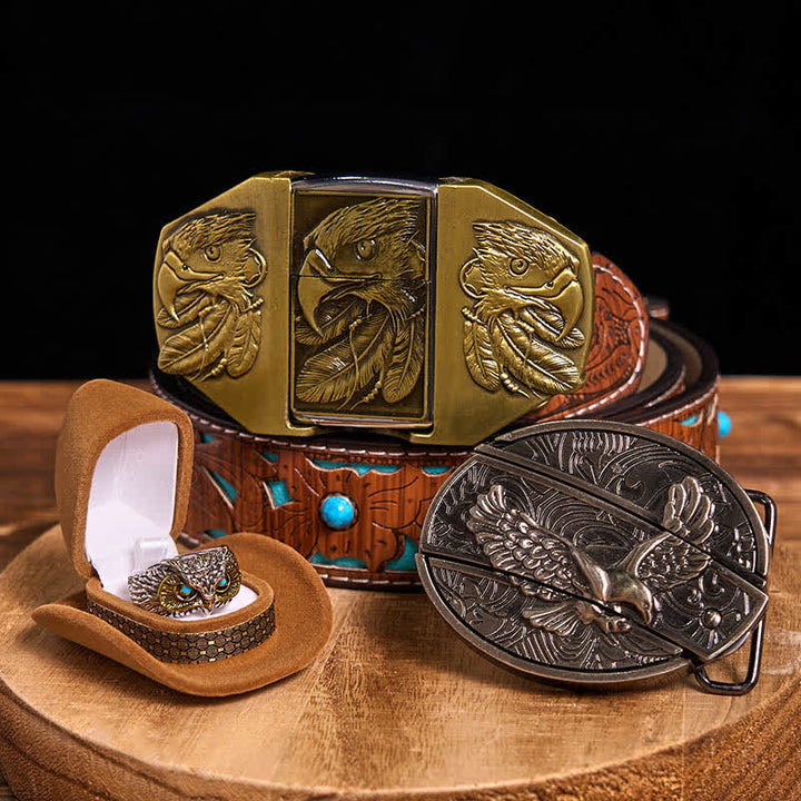 Ensemble de boucles de ceinture et de bagues à briquet à faire soi-même avec couteau caché sur le thème de l'aigle