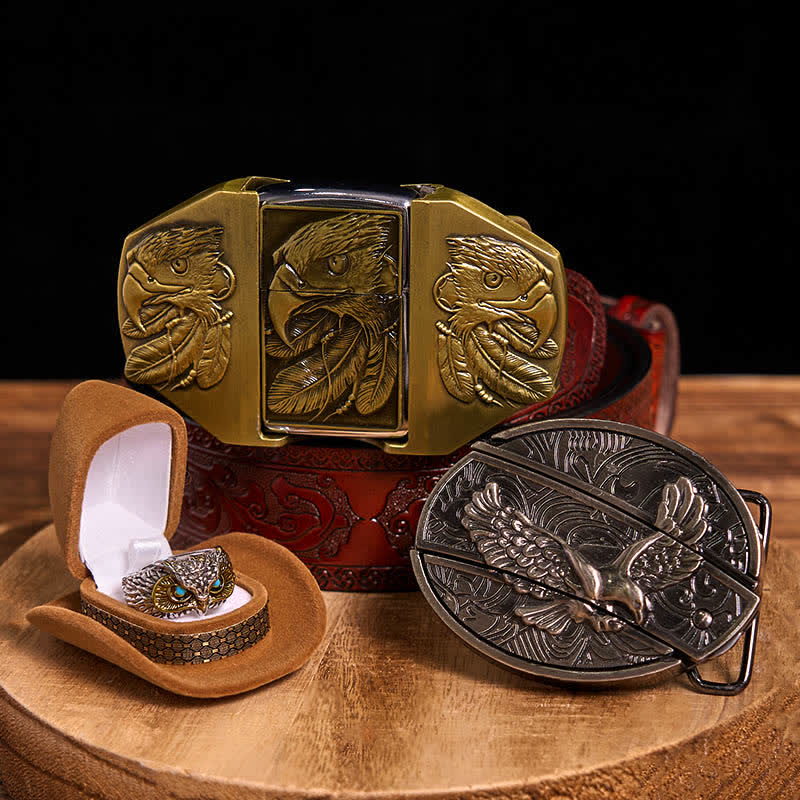 Ensemble de boucles de ceinture et de bagues à briquet à faire soi-même avec couteau caché sur le thème de l'aigle