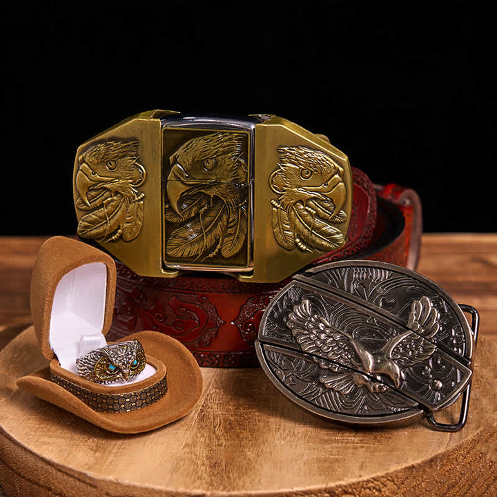 Ensemble de boucles de ceinture et de bagues à briquet à faire soi-même avec couteau caché sur le thème de l'aigle