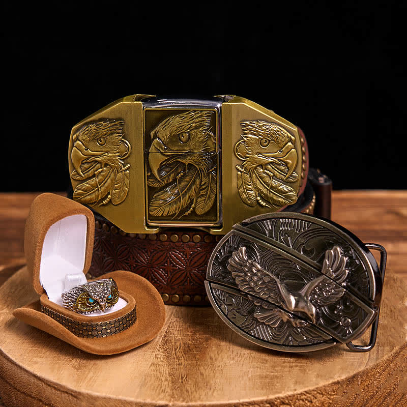 Ensemble de boucles de ceinture et de bagues à briquet à faire soi-même avec couteau caché sur le thème de l'aigle