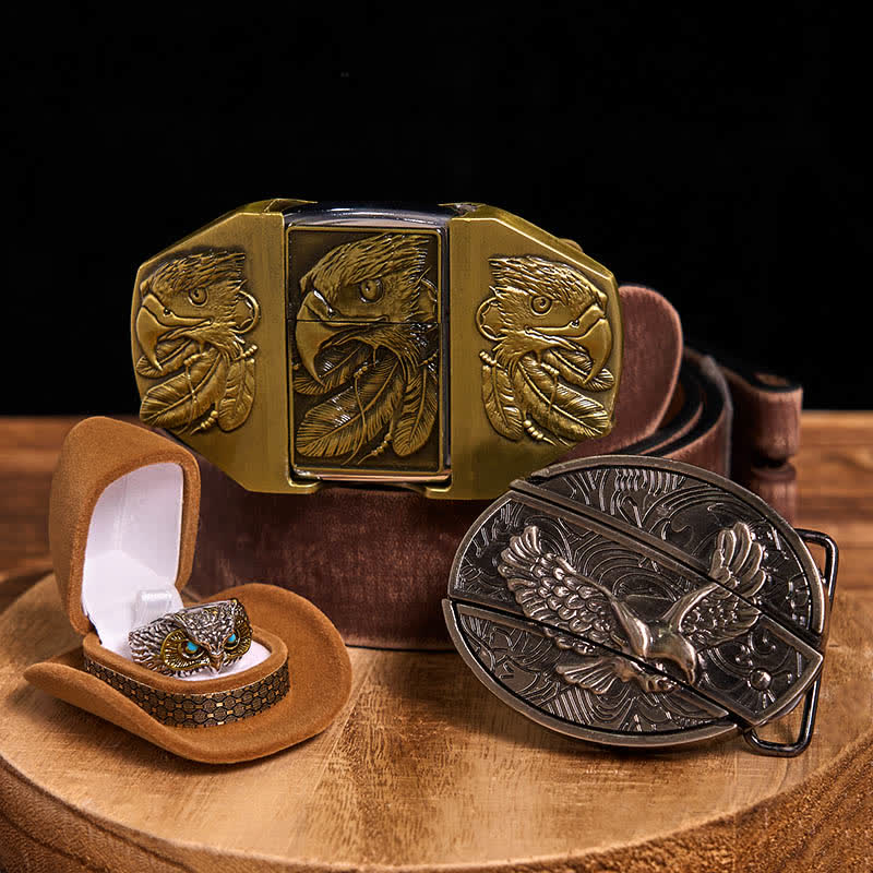 Ensemble de boucles de ceinture et de bagues à briquet à faire soi-même avec couteau caché sur le thème de l'aigle