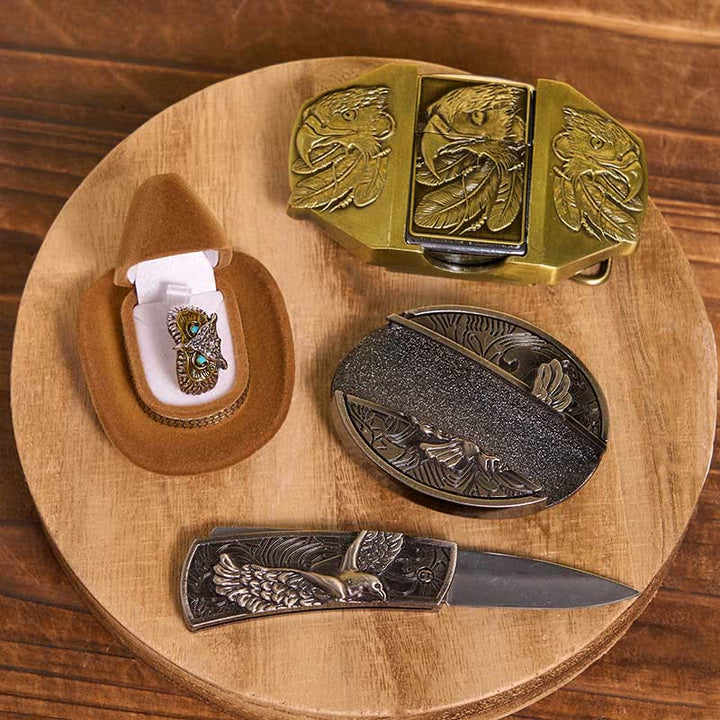 Ensemble de boucles de ceinture et de bagues à briquet à faire soi-même avec couteau caché sur le thème de l'aigle