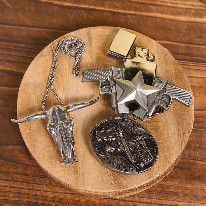 Ensemble de bricolage avec couteau caché, boucle de ceinture, pendentif taureau et briquet à kérosène
