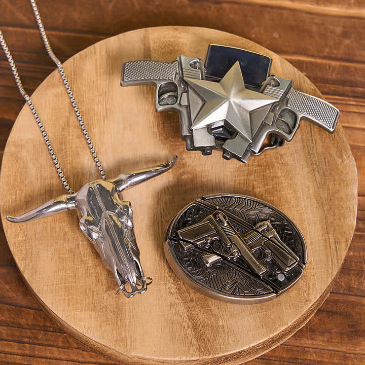Ensemble de bricolage avec couteau caché, boucle de ceinture, pendentif taureau et briquet à kérosène
