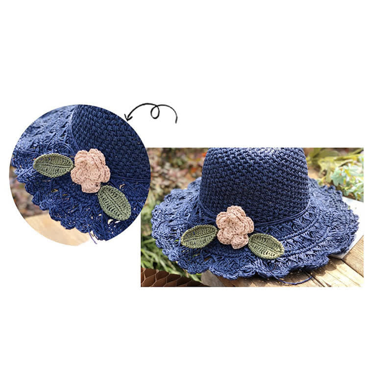 Chapeau de paille pliable au crochet d'été élégant et détaillé avec des fleurs