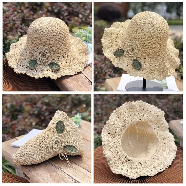 Chapeau de paille pliable au crochet d'été élégant et détaillé avec des fleurs