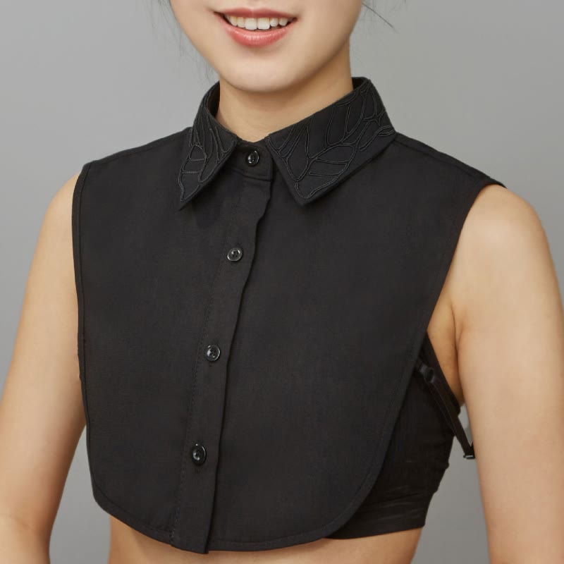 Chemisier demi-chemise amovible à faux col et broderie florale