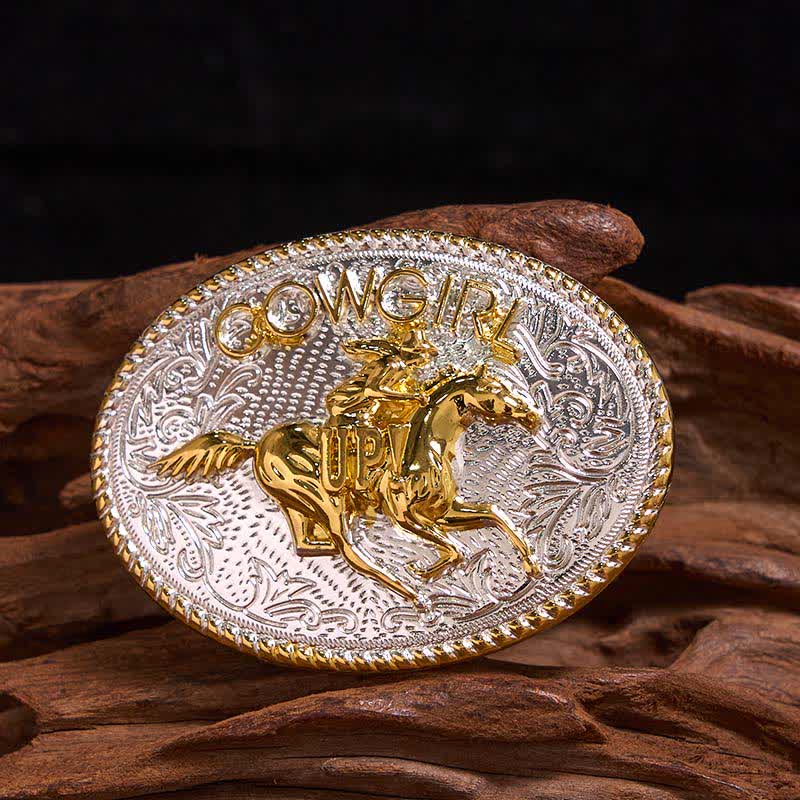 Ceinture en cuir avec boucle d'équitation dorée et argentée pour cowgirl