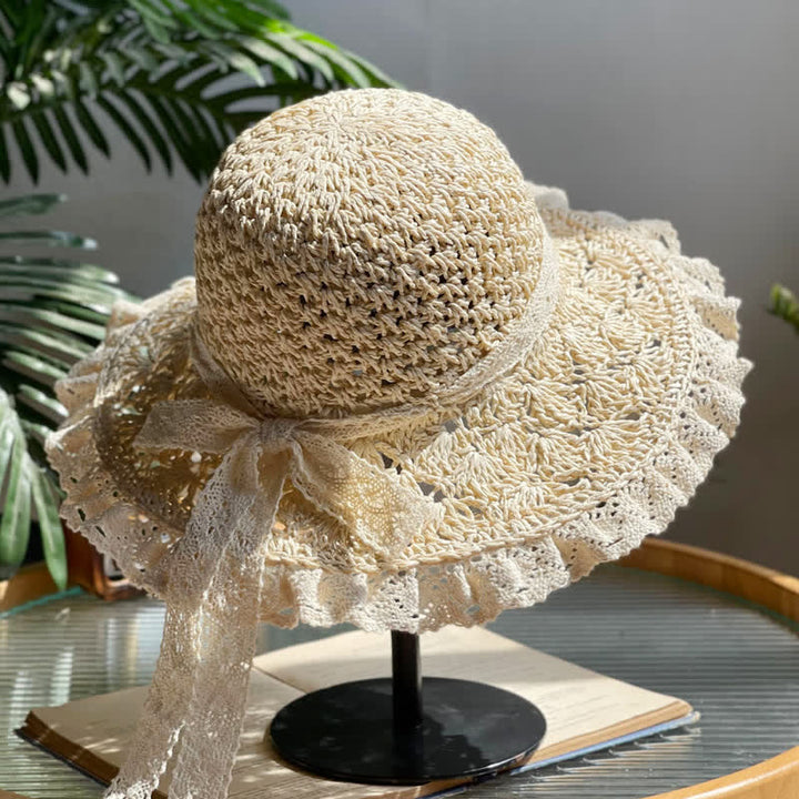 Chapeau de paille pliable d'été à bord en dentelle et nœud creux pour femme