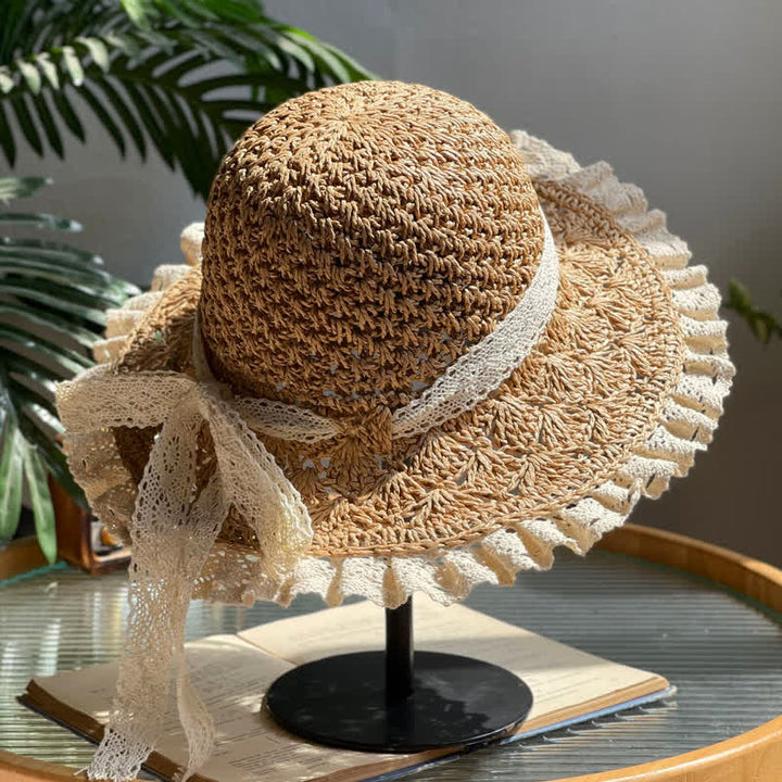 Chapeau de paille pliable d'été à bord en dentelle et nœud creux pour femme