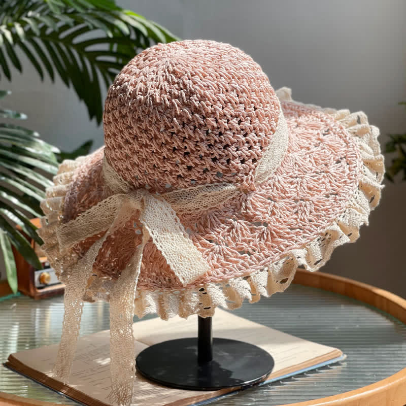 Chapeau de paille pliable d'été à bord en dentelle et nœud creux pour femme