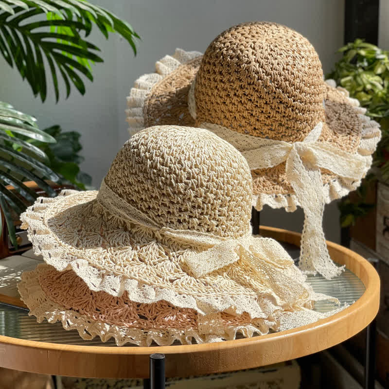 Chapeau de paille pliable d'été à bord en dentelle et nœud creux pour femme