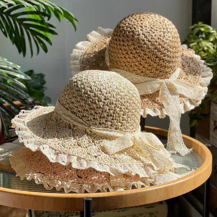 Chapeau de paille pliable d'été à bord en dentelle et nœud creux pour femme