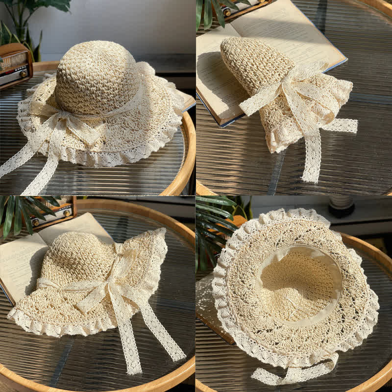 Chapeau de paille pliable d'été à bord en dentelle et nœud creux pour femme