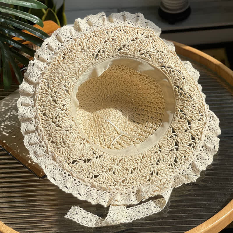 Chapeau de paille pliable d'été à bord en dentelle et nœud creux pour femme