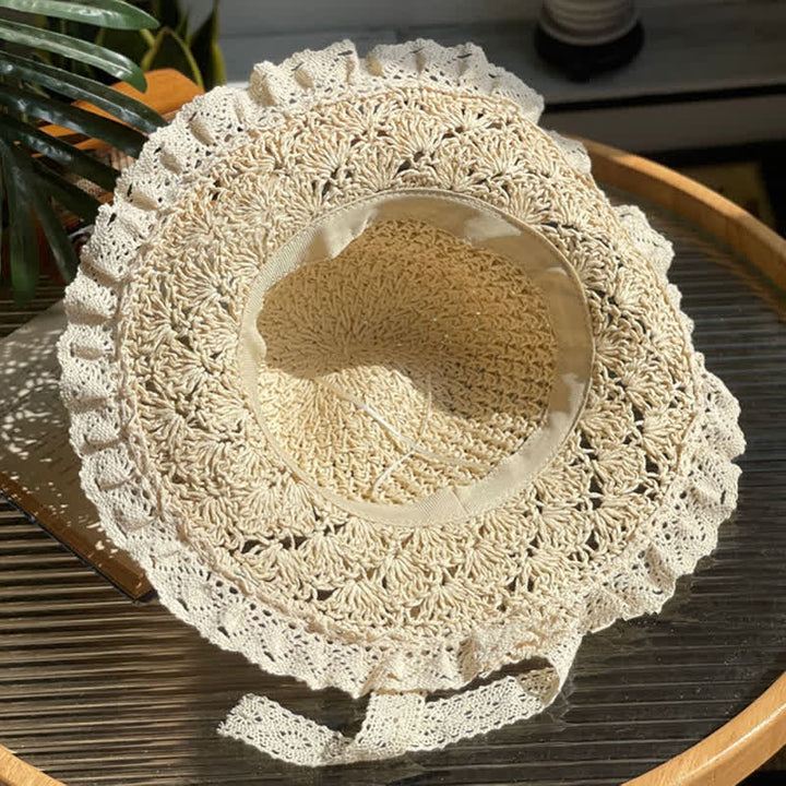 Chapeau de paille pliable d'été à bord en dentelle et nœud creux pour femme