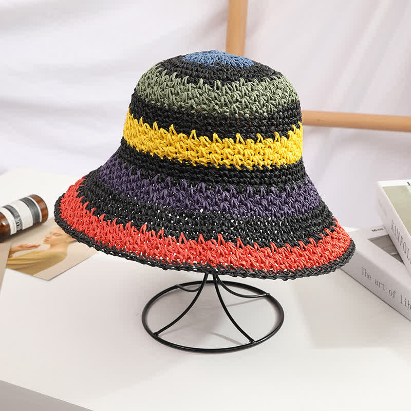 Chapeau de paille pliable arc-en-ciel coloré de style bohème pour femme