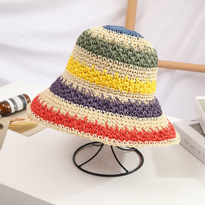 Chapeau de paille pliable arc-en-ciel coloré de style bohème pour femme