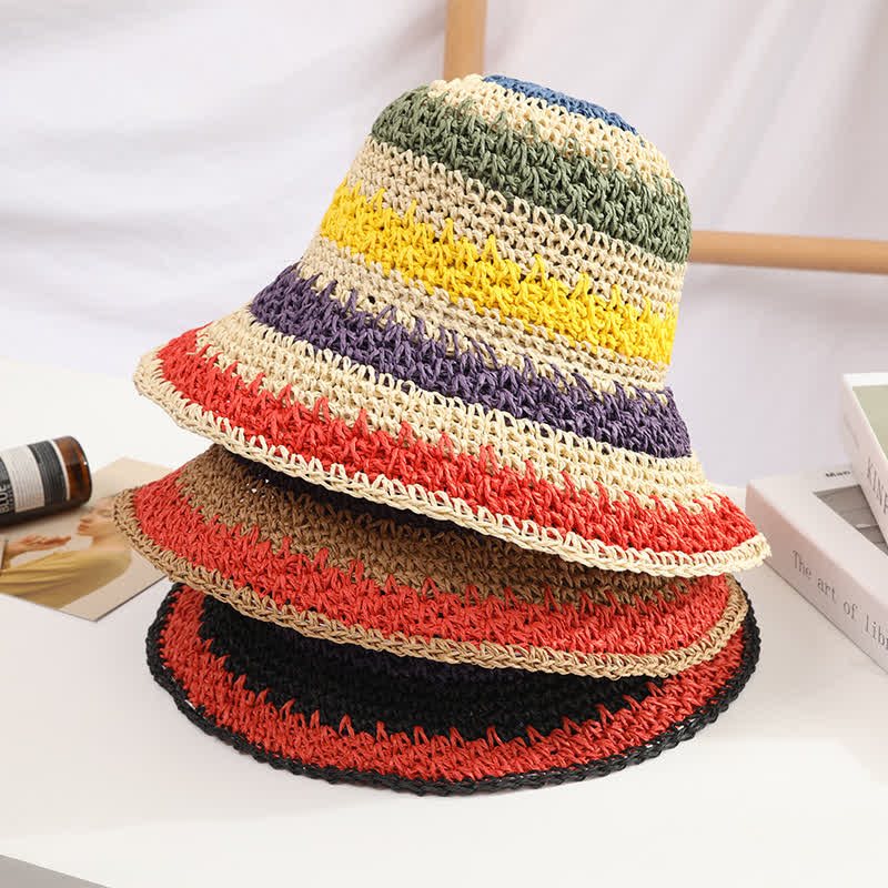 Chapeau de paille pliable arc-en-ciel coloré de style bohème pour femme