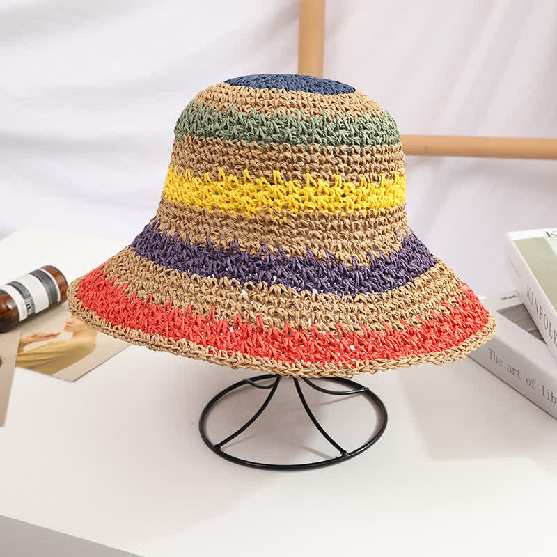 Chapeau de paille pliable arc-en-ciel coloré de style bohème pour femme