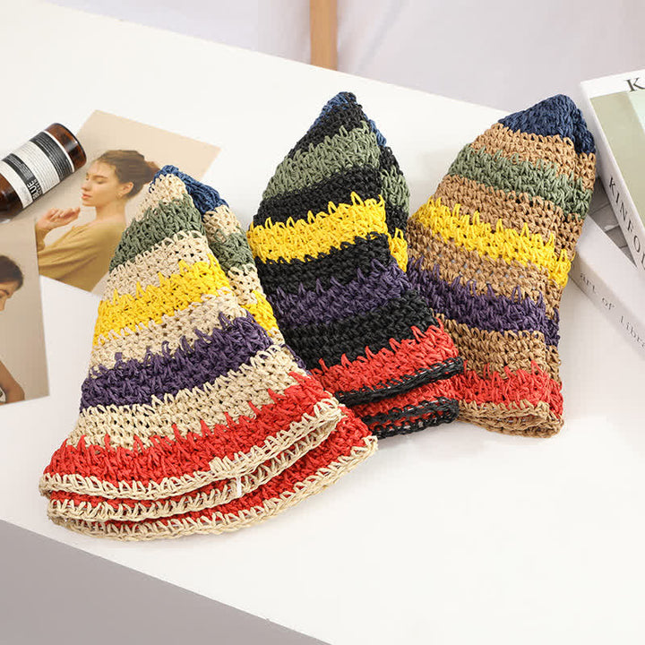 Chapeau de paille pliable arc-en-ciel coloré de style bohème pour femme