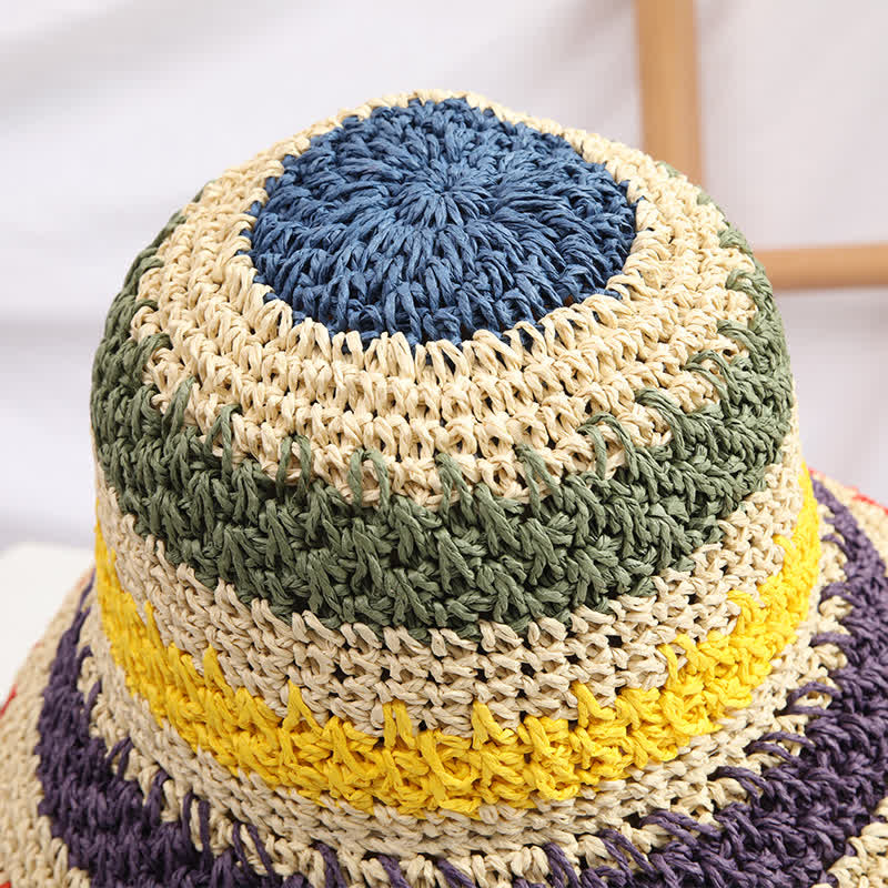 Chapeau de paille pliable arc-en-ciel coloré de style bohème pour femme