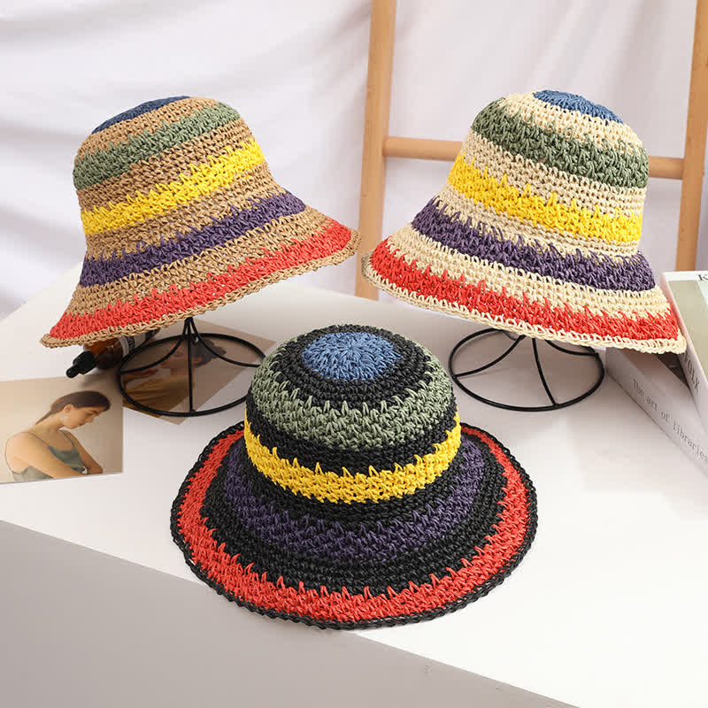 Chapeau de paille pliable arc-en-ciel coloré de style bohème pour femme