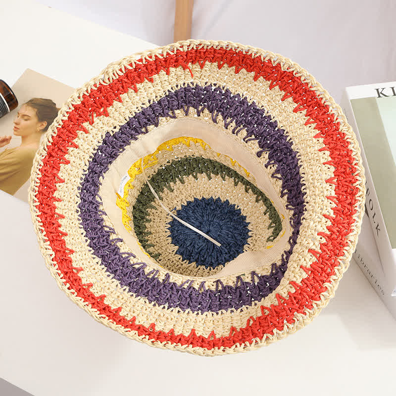 Chapeau de paille pliable arc-en-ciel coloré de style bohème pour femme