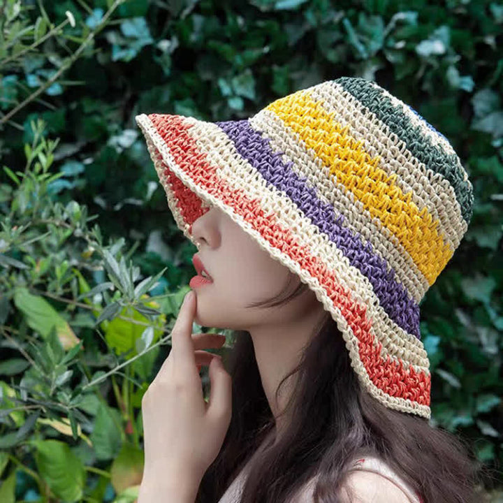 Chapeau de paille pliable arc-en-ciel coloré de style bohème pour femme