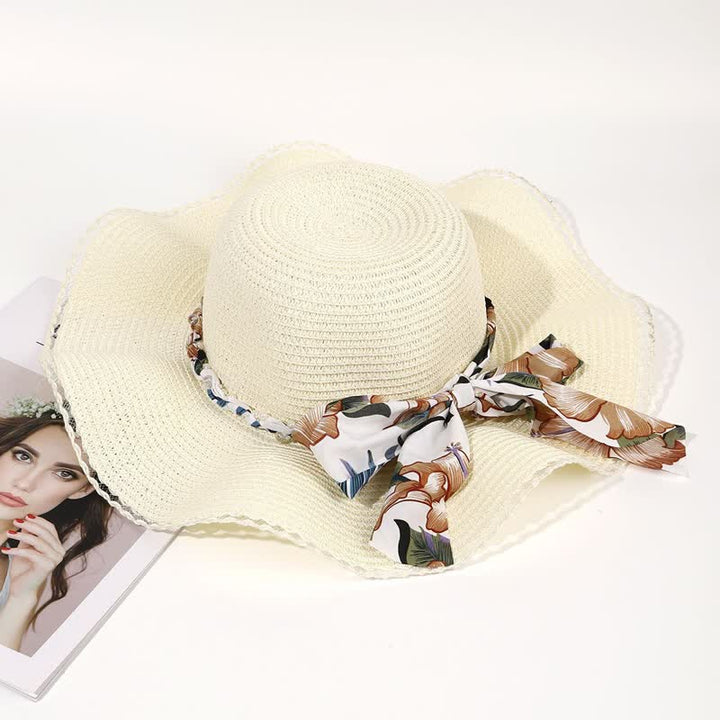 Chapeau de paille pliable d'été pour femme avec ruban fleuri et perles