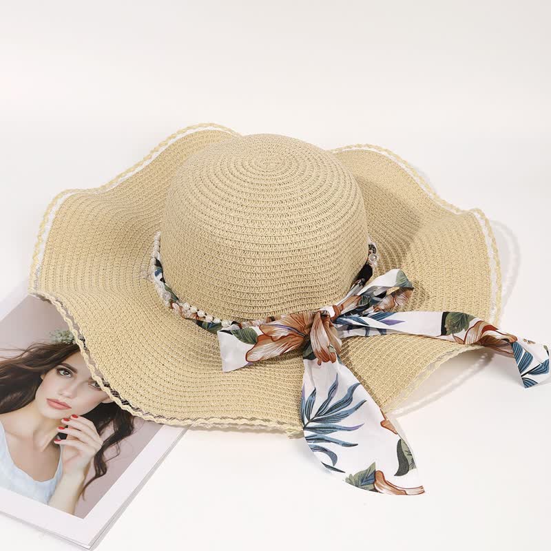 Chapeau de paille pliable d'été pour femme avec ruban fleuri et perles