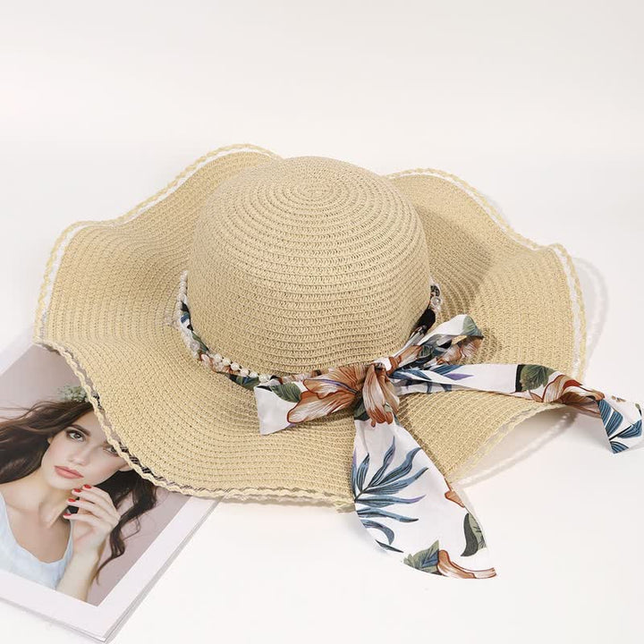 Chapeau de paille pliable d'été pour femme avec ruban fleuri et perles