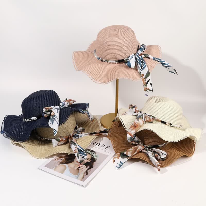 Chapeau de paille pliable d'été pour femme avec ruban fleuri et perles
