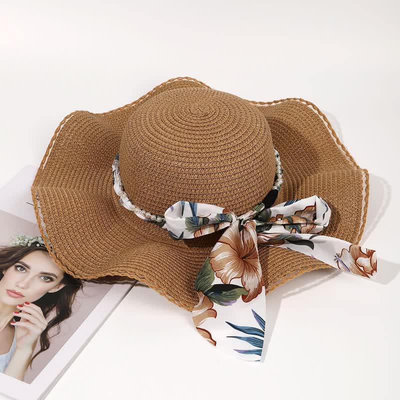 Chapeau de paille pliable d'été pour femme avec ruban fleuri et perles