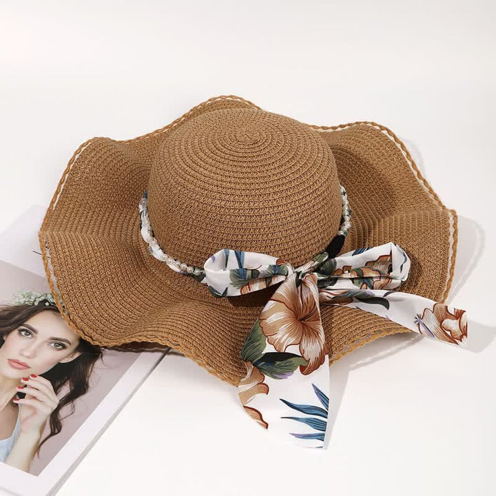 Chapeau de paille pliable d'été pour femme avec ruban fleuri et perles