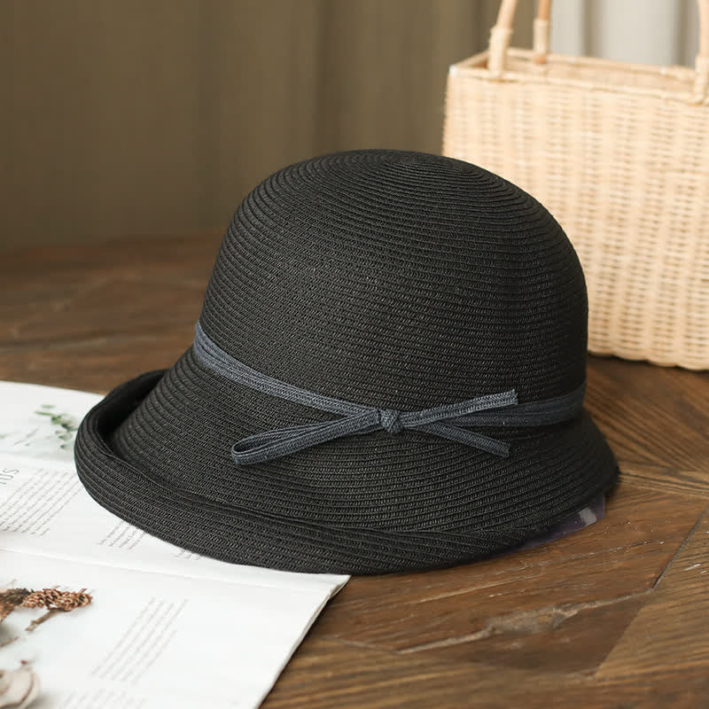 Chapeau de paille pliable à bord roulé de style simple pour femme
