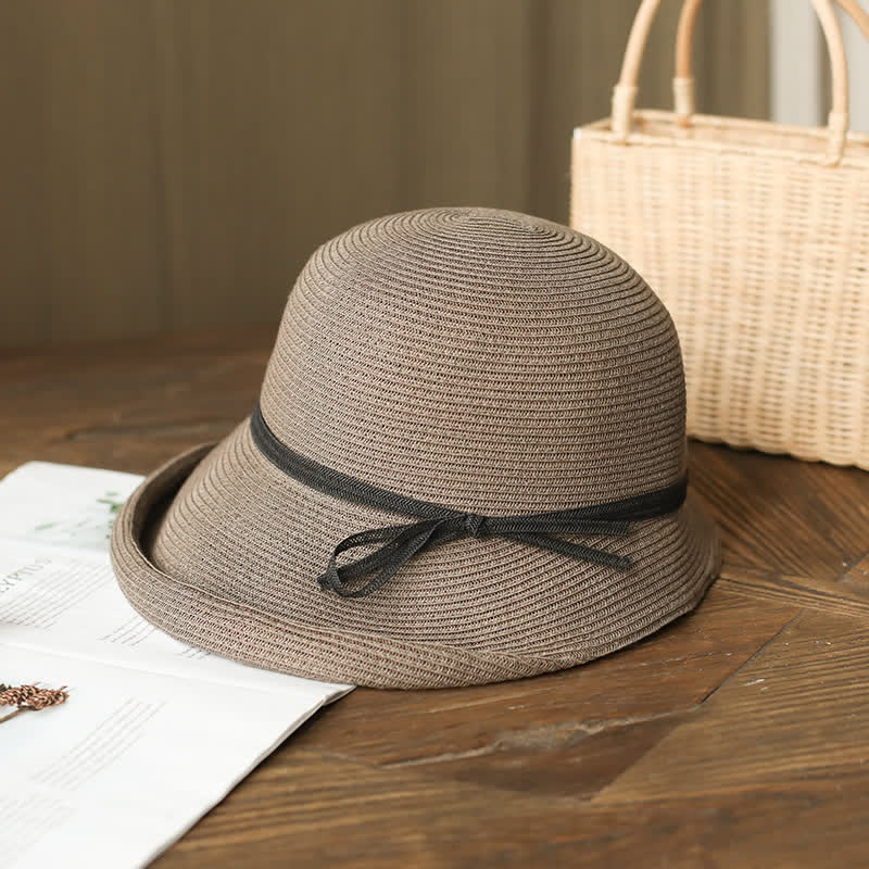 Chapeau de paille pliable à bord roulé de style simple pour femme